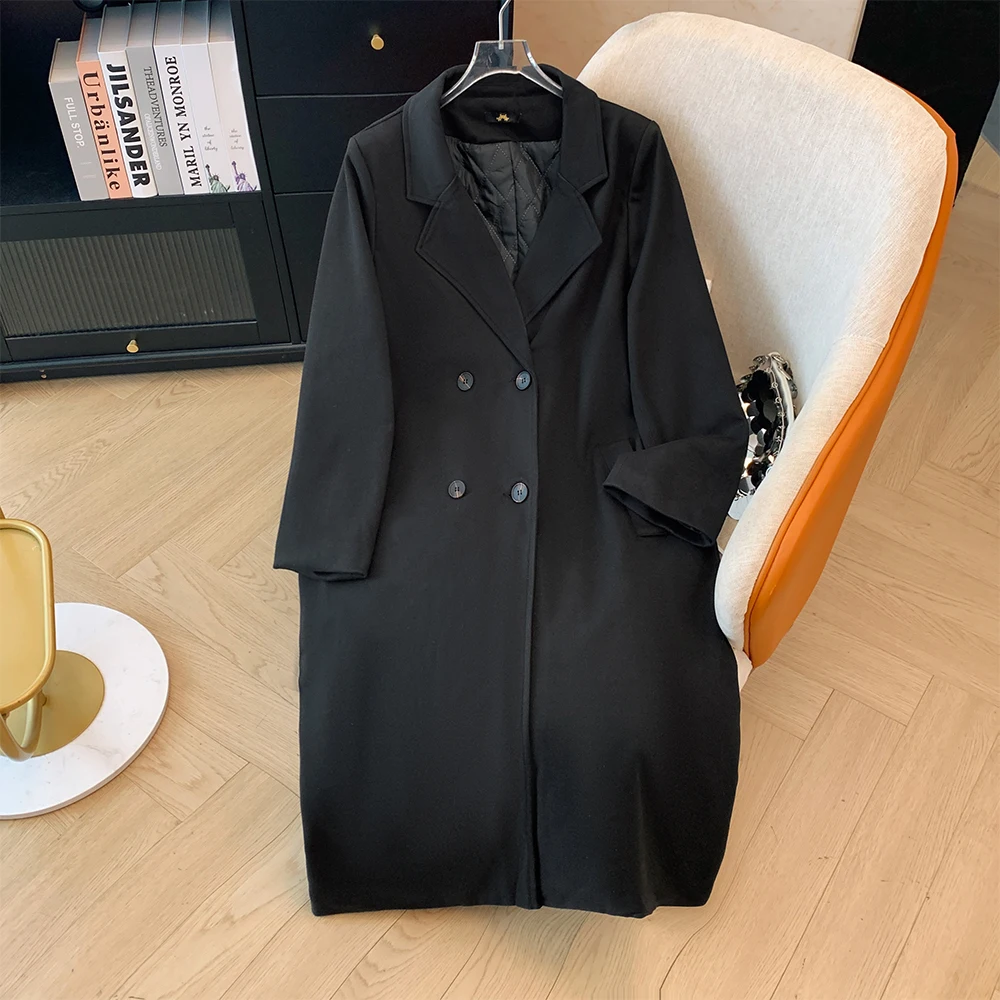 Plus-size Women's Autumn/Winter Loose comfortable casual commuter coat Black suit collar button-up long-sleeved long coat large