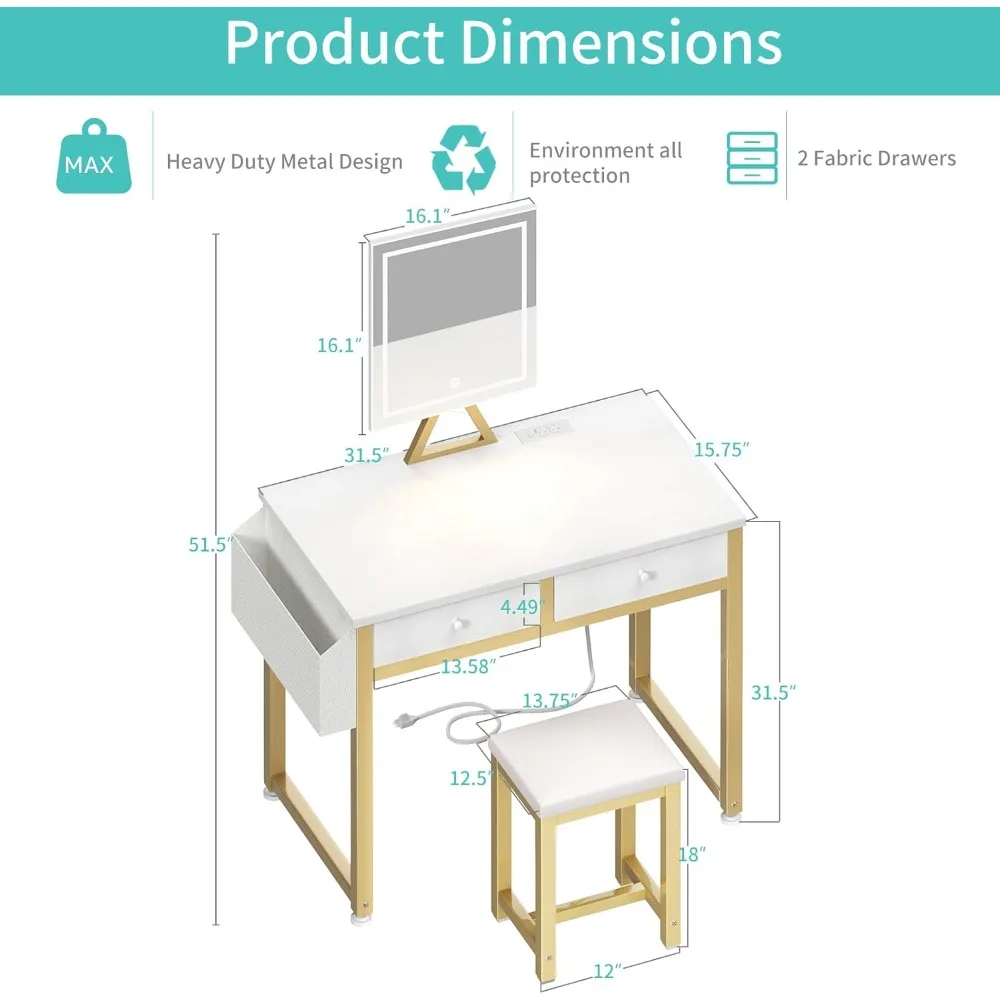 Small Makeup Vanity Desk with Fabric Drawers, 32 Inch White Vanity Desks with Mirror and Light, Dressing Table and Chair