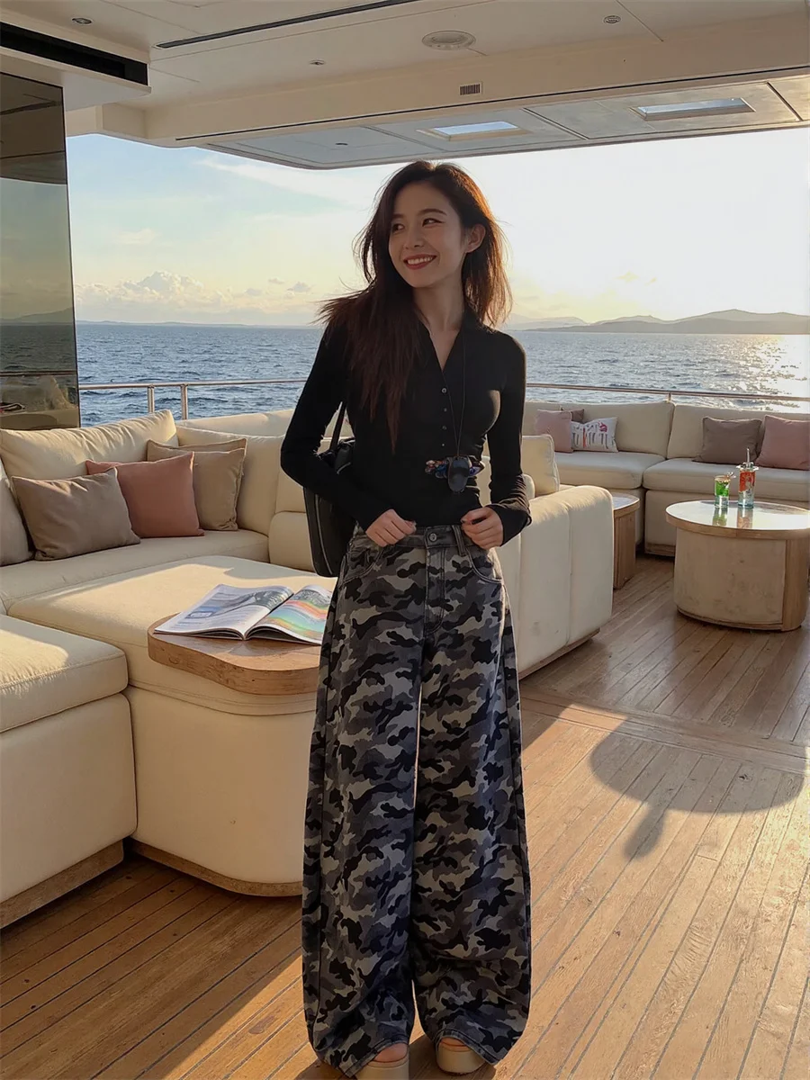 

Камуфляжные широкие джинсы в пол, женские джинсы с карманами и высокой талией, эластичные расклешенные лоскутные синие плиссированные ретро-готические джинсы