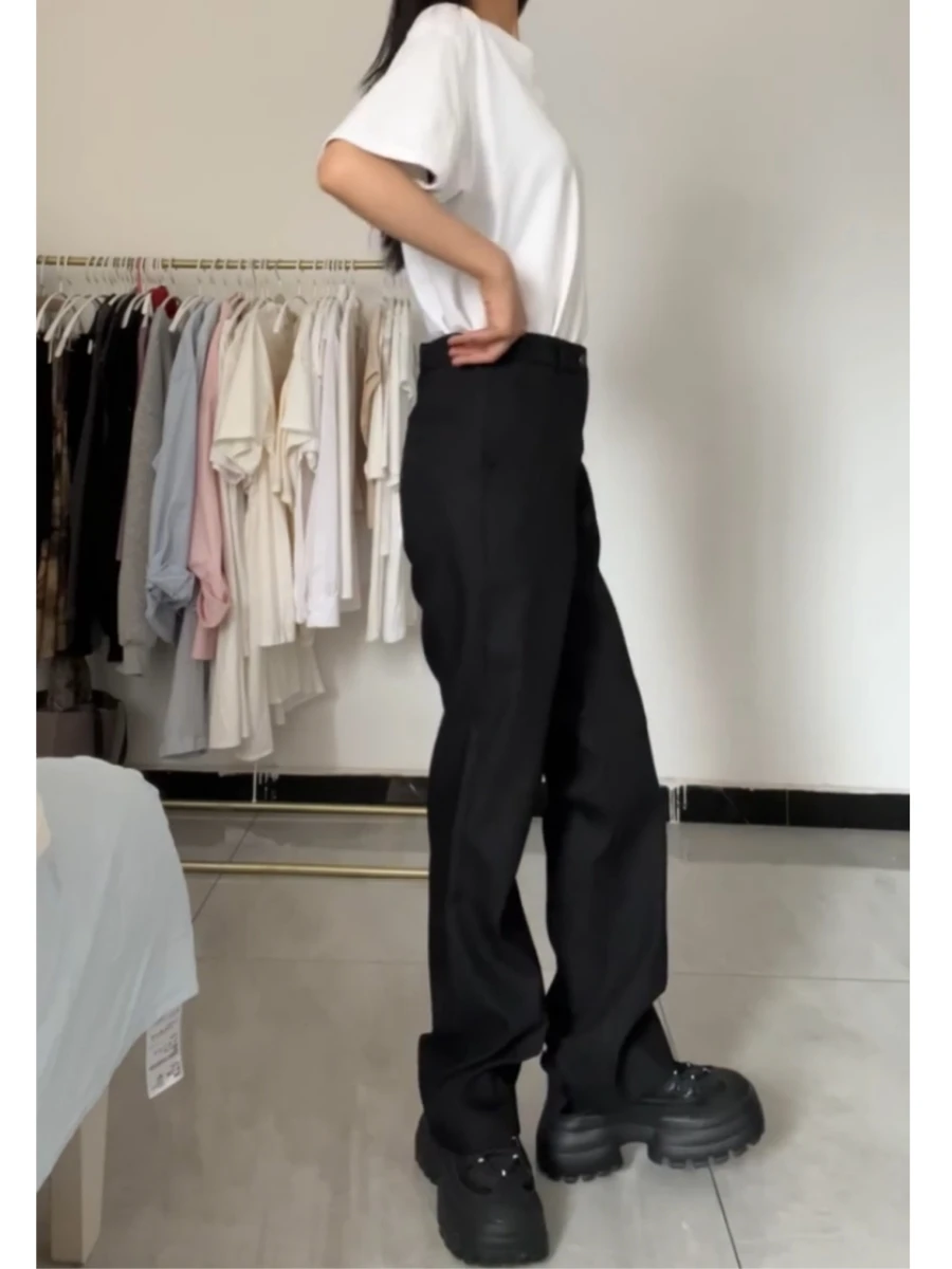 Hoge Taille Rechte Pijpen Fce Gevoerde Wijde Pijpen Broek Dames Afslanken Drapey Pak Broek Lange Lengte Koreaanse Sle Pendelen Wind