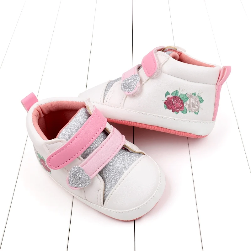 

Baby Girl Shoes Cute Lightweight Soft Non-Slip Side Flower Print PU Upper Sparkle High Top Shoes Newborn Infant Walking Shoes