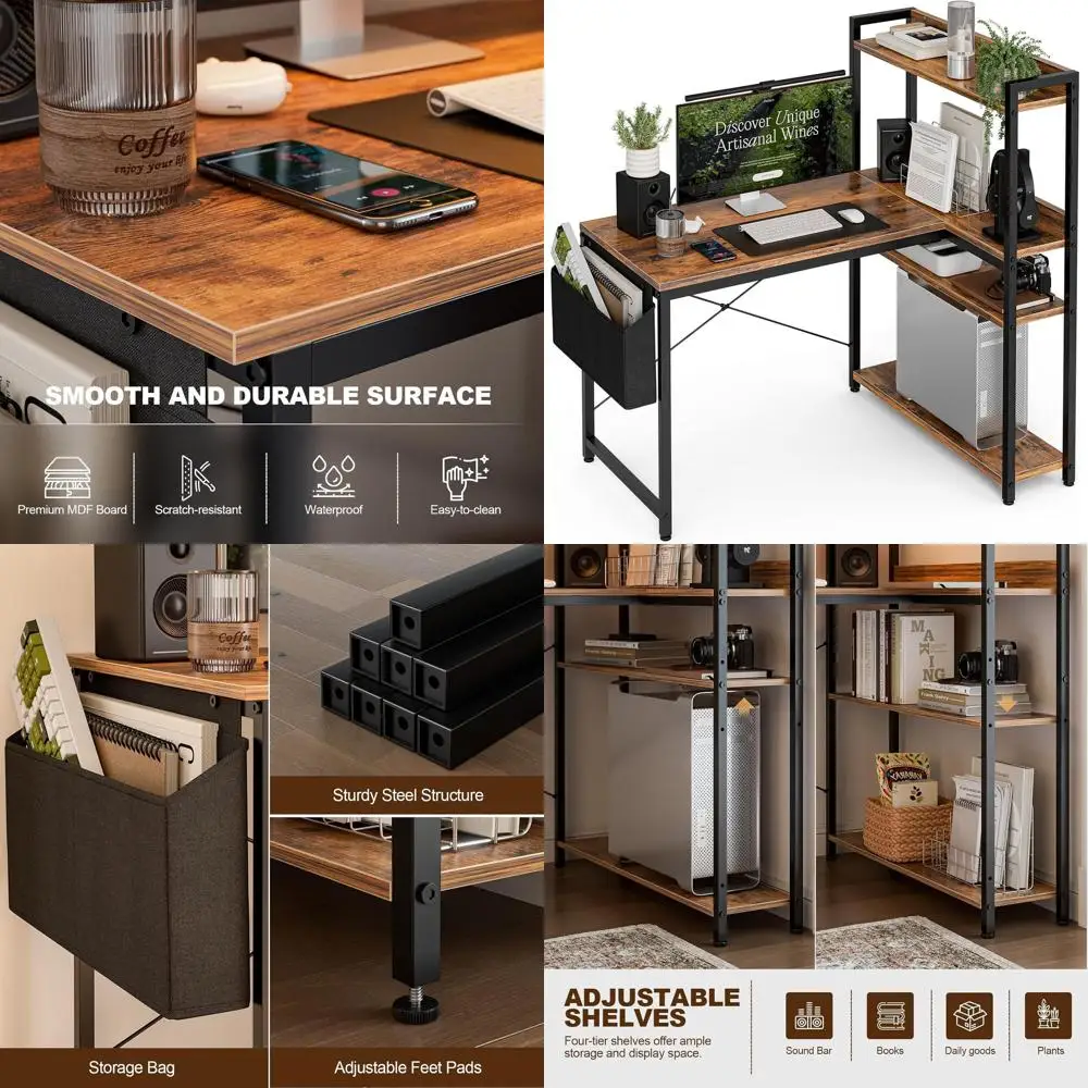 مكتب زاوية على شكل حرف L باللون البني الريفي مع مساحة تخزين قابلة للعكس، وطاولة كتابة للدراسة في المكتب المنزلي مع حقيبة #1