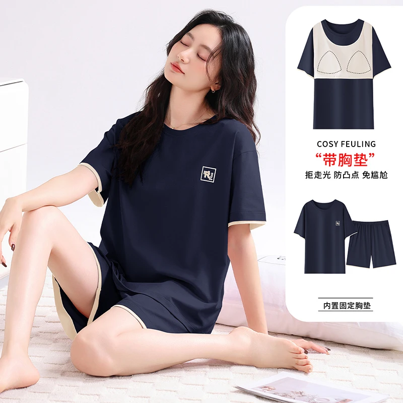 

Summer Women Pajamas Set Female Modal Short Sleeve Homewear With Chest Pad