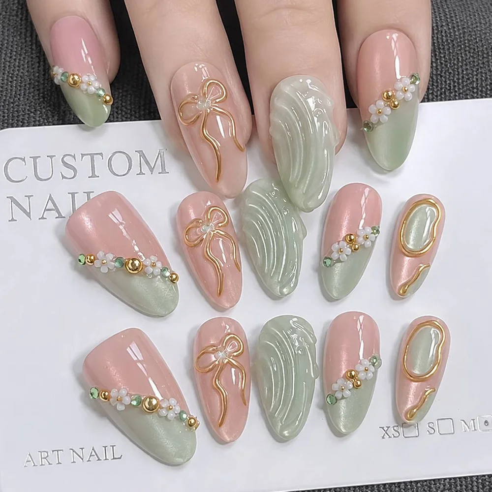 10/30Pcs Luminous Gradient Almond Press On Nail, Durable Bow Crystal Fake Nail, Elegant Upscale False Nail For Holiday Events