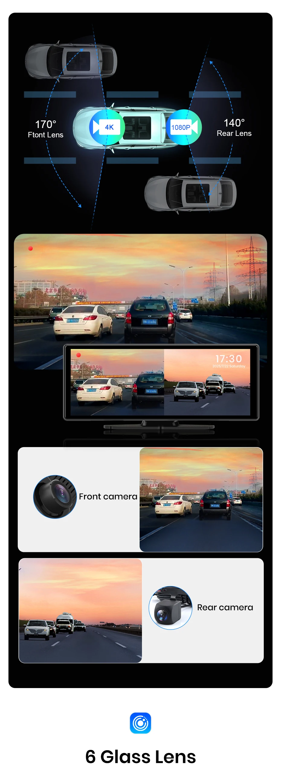 Junsun 10,26 Zoll Dashcam 4K Auto-DVR, kabelloses Carplay für Apple Android Auto, GPS-Navigation, Dashboard-Videorecorder, IPS-Touchscreen, Dual-Objektiv-Rückfahrkamera, BT-Audio, AUX, WIFI, FM – Detail 12