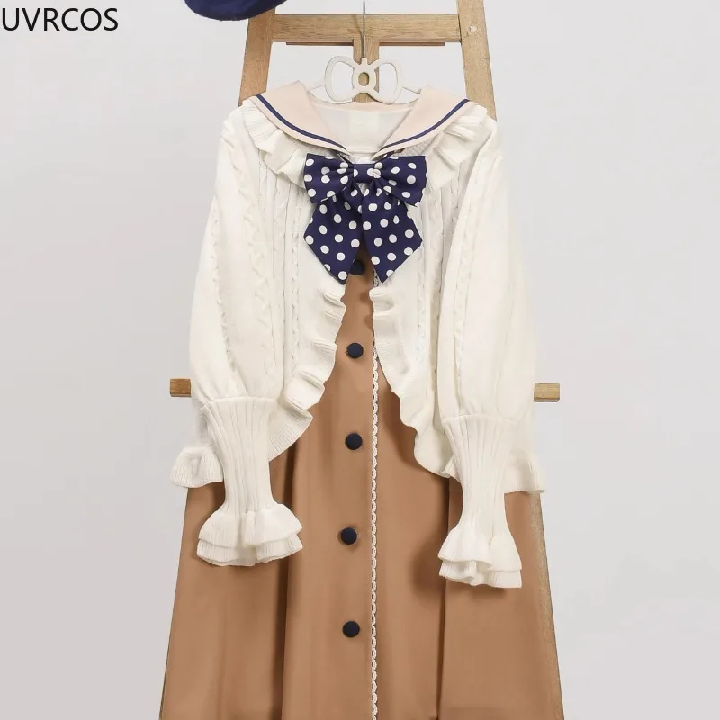 Cardigan lavorato a maglia stile giapponese Kawaii Lolita donna elegante volant O collo maniche lunghe maglione cappotto dolce maglieria maglioni top