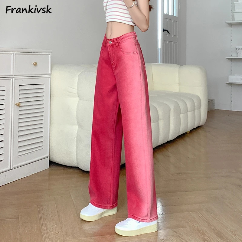 Rosy Jeans Women Vintage Washed Gradient Color Summer High Street Fashion Youthful Popular Denim Trousers College Aesthetic Chic