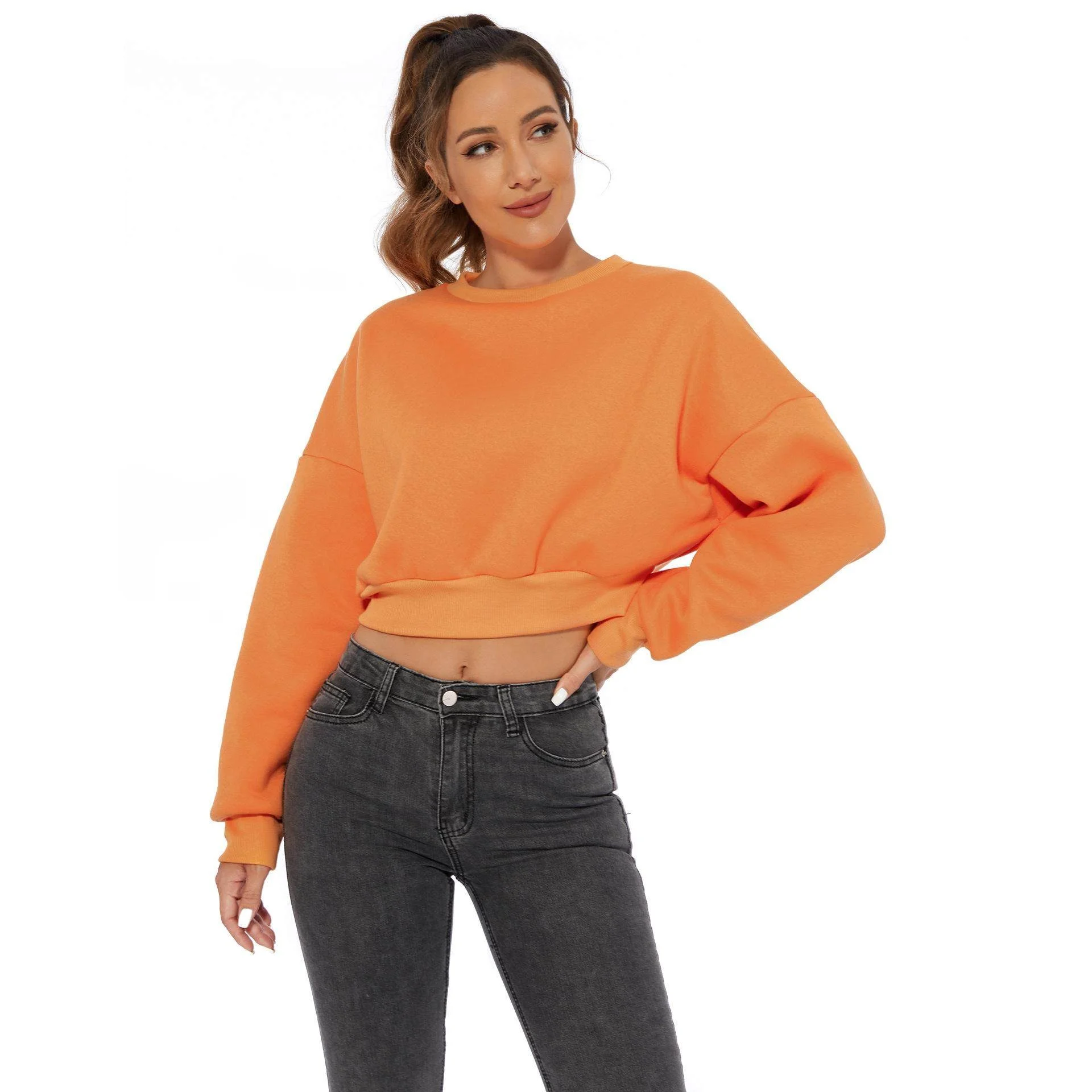 

Женская утепленная толстовка с круглым вырезом и флисовой подкладкой, американский дизайн, повседневный топ для осени и зимы, короткий рукав