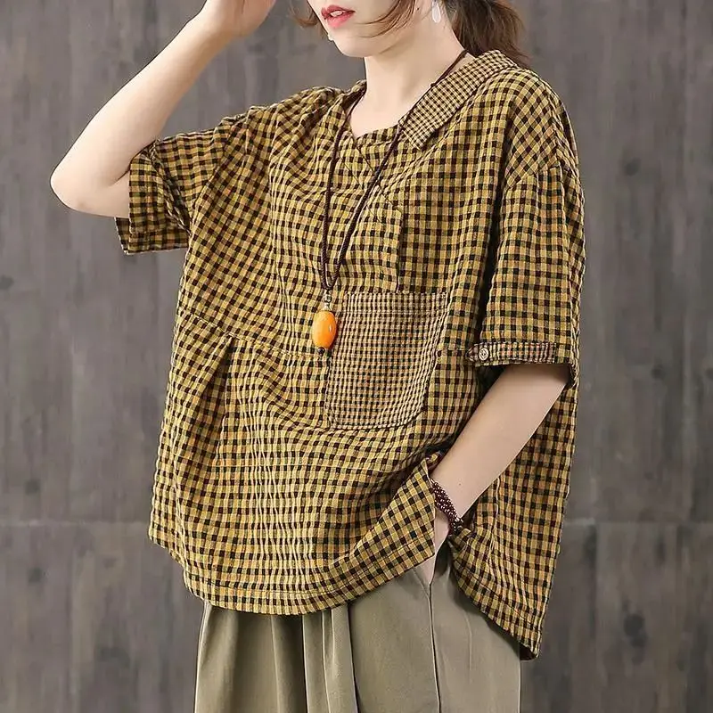 Women\'s Clothing 2023 Japanese Style Vintage Plaid Cotton Linen Streetwear T-shirts Summer Simple Casual Short Sleeve Loose Tops