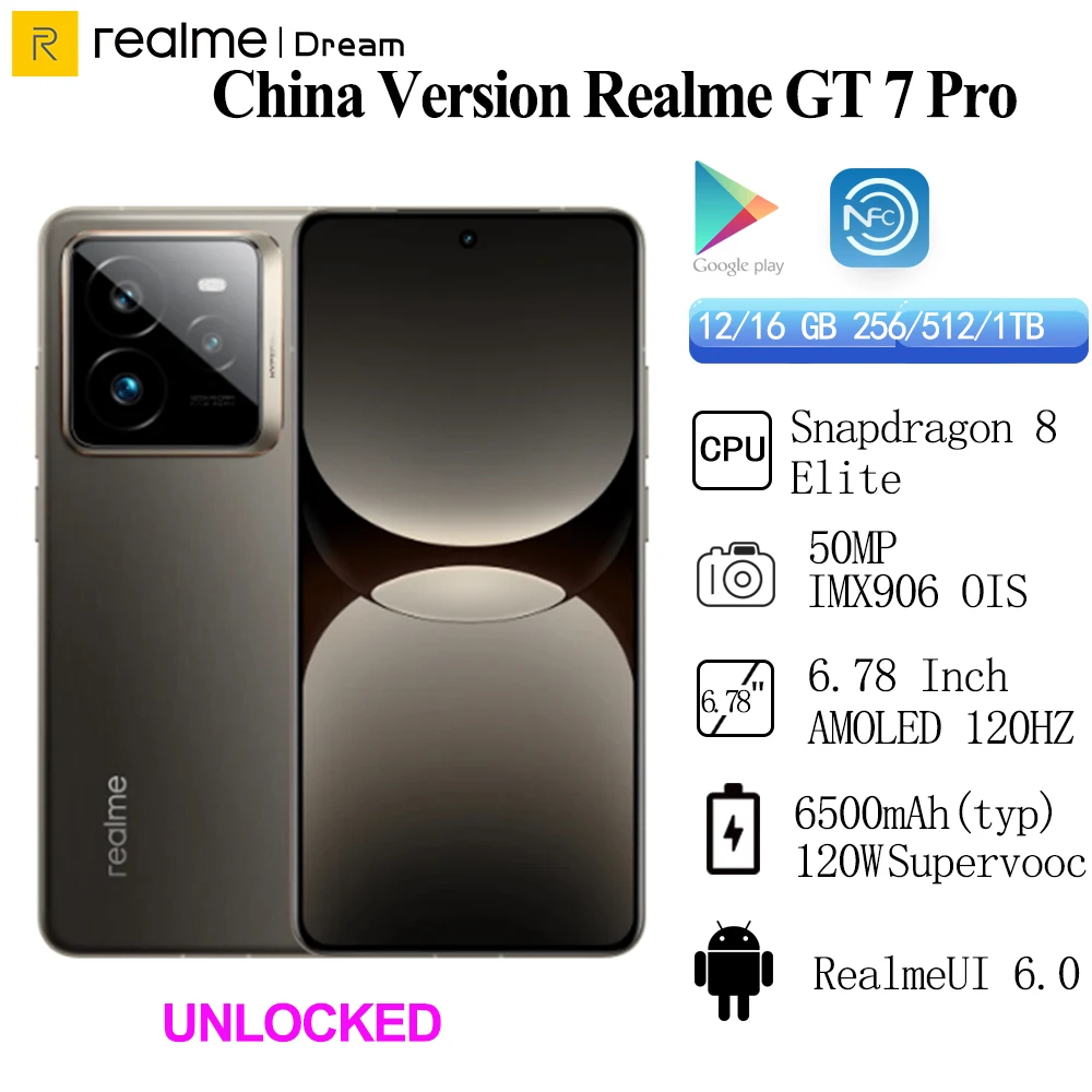 Unlocked New Realme GT 7 Pro Snapdragon 8 Elite 50MP Sony IMX906  OIS 6500mAh 120W Supervooc  6.78 Inch AMOLED 120Hz IP68 69