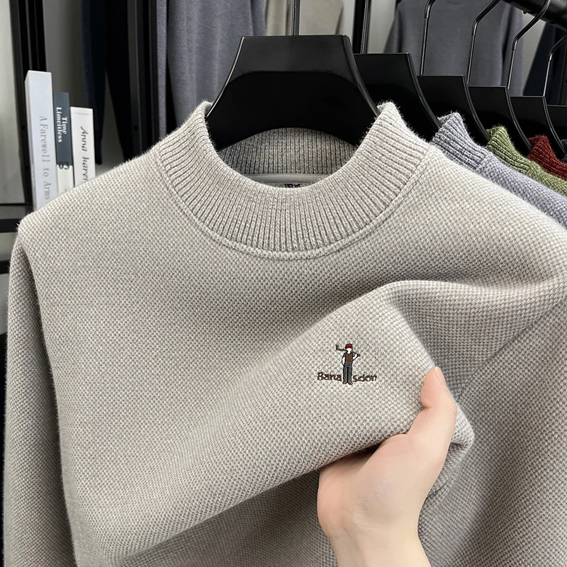 

High quality velvet warm round neck sweater men fashion classic golf brand embroidery comfortable winter casual knitted pullover