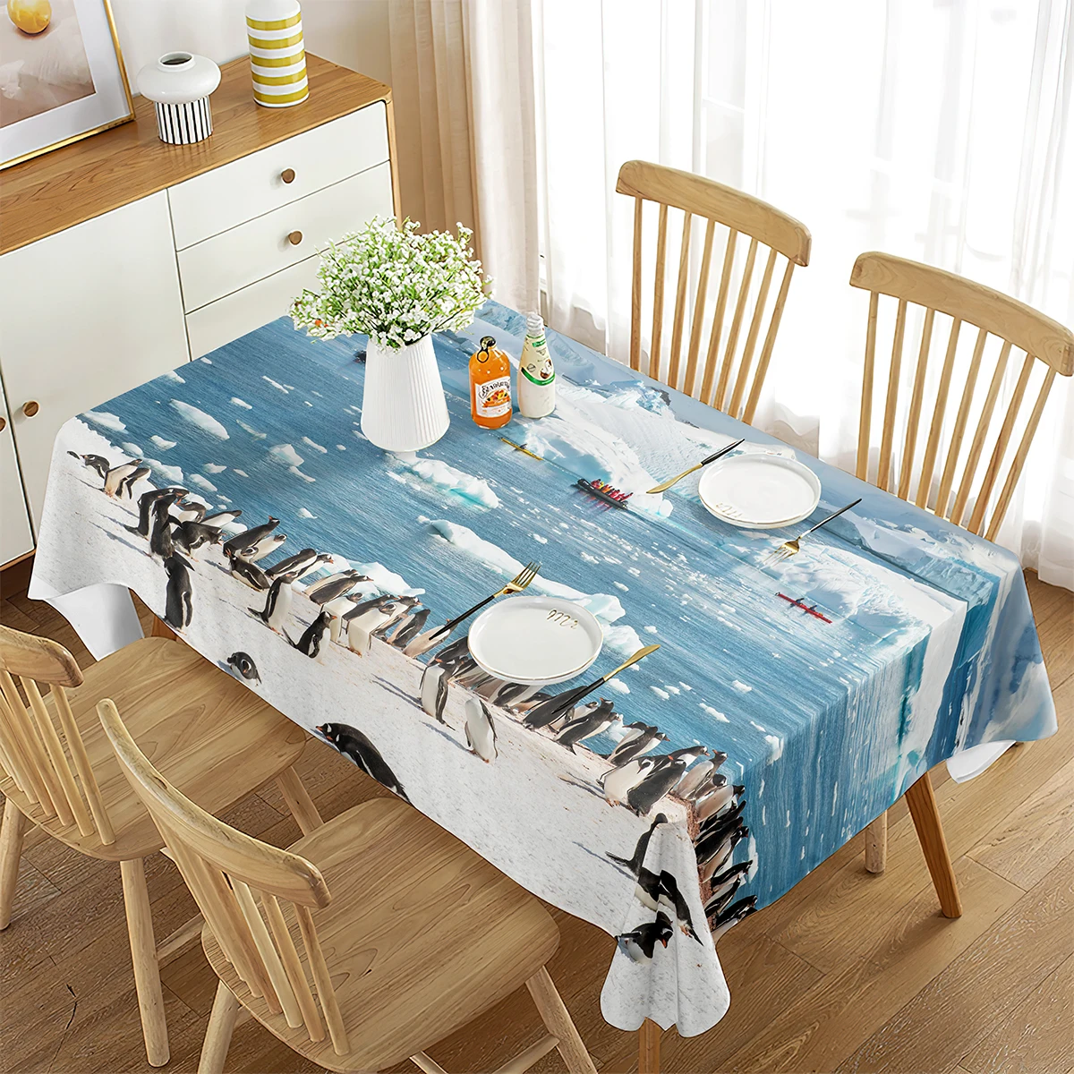 Penguins Tablecloth, Ice Floes Antarctica landscape Pattern, Dining Room Kitchen Wedding Buffet Party Rectangular Table Cover