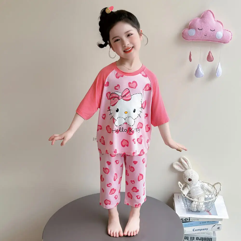 

Sanrio Hello Kitty Girls Cartoon Home Clothes Set 2026 New Kids Summer Thin Princess Pajamas Baby Air Conditioning Clothes Cute