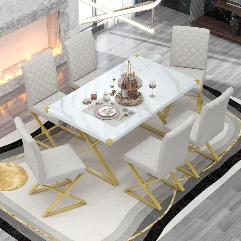 60 Inch Dining Table Set 7-Piece Rectangular Marble Texture Kitchen Table and 6 PU leather Chairs with X-Shaped Gold Steel Pipe