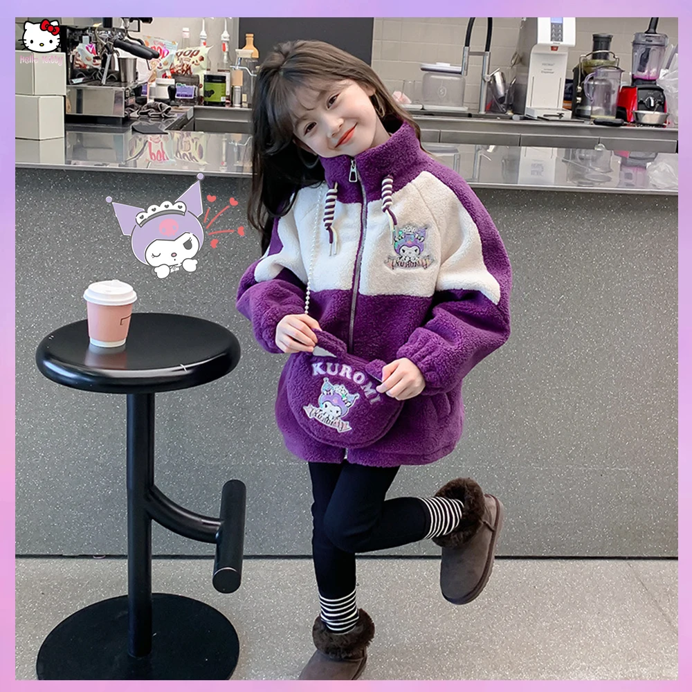 Anime Kuromi Sanrioed Girls Jacket Autumn Winter Plush Warm Coat Kids Wear Kids Soft Turtleneck Outerwear Clothes Zipper Jacket