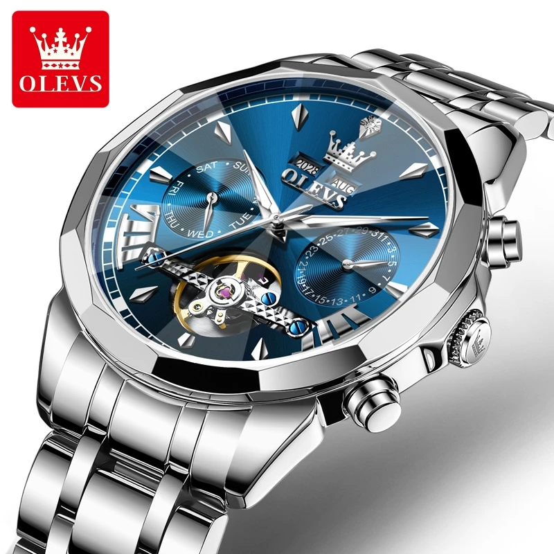 

Мужские многофункциональные часы OLEVS 6619, скелетон, из нержавеющей стали, автоматический механический механизм