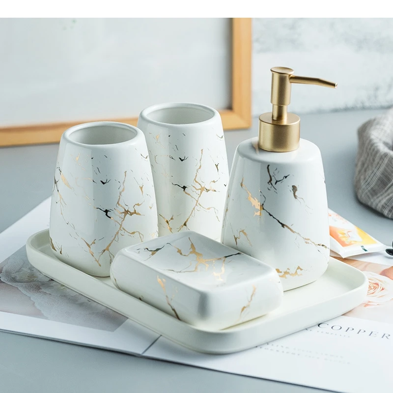 Set di accessori da bagno in marmo lucido in ceramica, strumenti per il lavaggio, bottiglia, collutorio, tazza, sapone, portaspazzolino, vassoio, casa, hotel, lavaggio