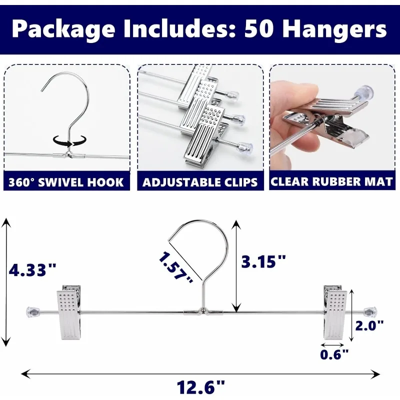 50 Pack Metal Pants Hangers with Clips, Heavy Duty Metal Skirt Hangers with 2-Adjustable Clips, Bottom Hangers for Shorts