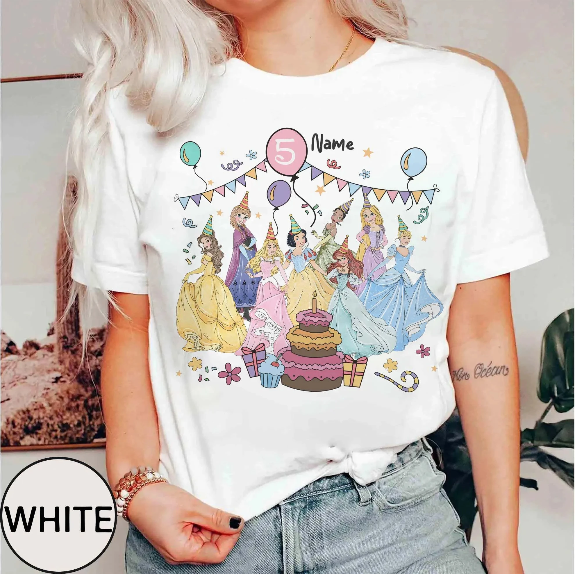 قميص عيد ميلاد أميرات ديزني لعمر 5 سنوات هدية عيد ميلاد تيانا ارييل إل سارة بونزيل بيل، قميص عطلة عائلية من ديزني