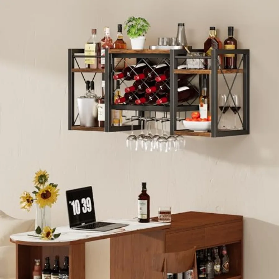 Homeiju Wall Mounted Wine Rack with Glass Holder WoodMetal Retro Bar Shelf Wine Bottles Display Wall Storage for Kitchen Dining