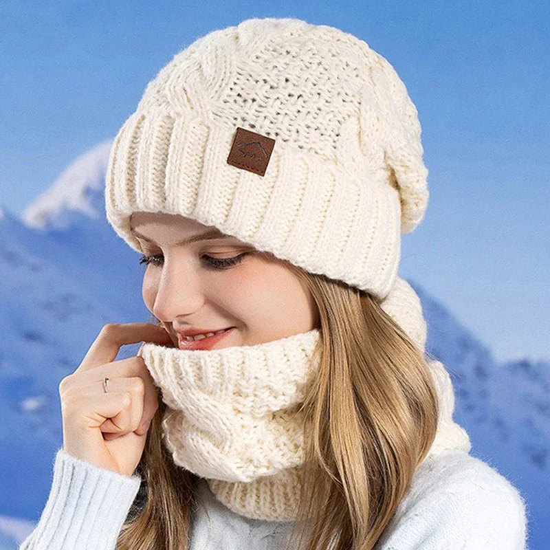 

2PCS/set Winter Warm Knitted Sets Beanie Hat Scarves Solid Color Soft Women Thick Cable Knit Ribbed Cap Plush Scarf Set