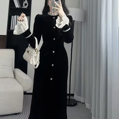 프랑스 레트로 히피스타일 검정색 드레스 여성용 바닥 드레스 소장풍 스타일 우아함과 체형 개선 패션 가을/겨울용 