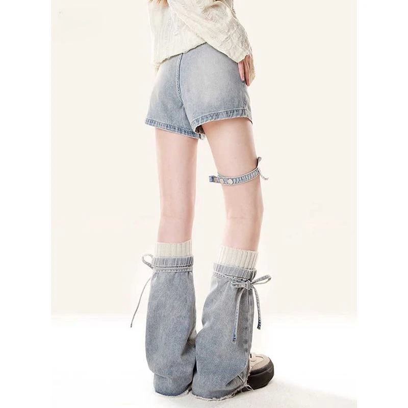 American spicy girl butterfly strap decoration washed denim shorts y2k sweet street style, paired with leg sleeves casual pants