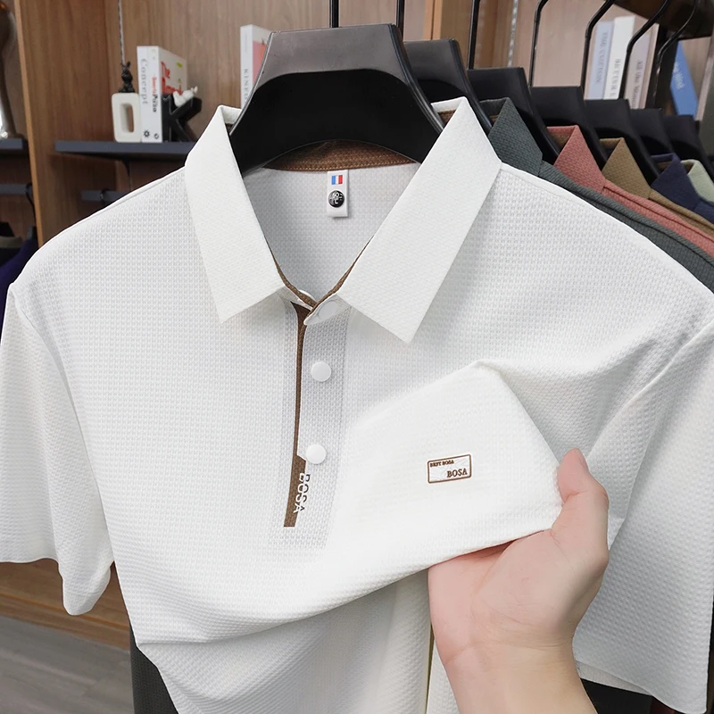 Luxury brand letter embossed short sleeve polo shirt men's ice silk breathable fashion business casual summer new lapel T-shirt