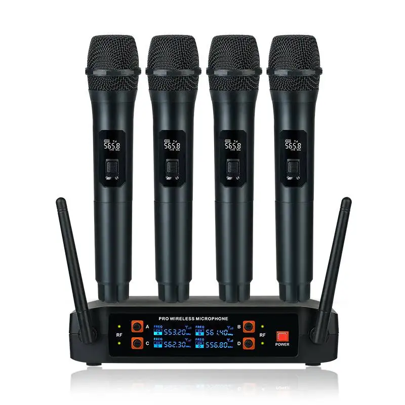 Professional UHF Wireless Microphone System 4 Channel Handheld Karaoke Microphone for Home Party Church Event PA TV Speaker