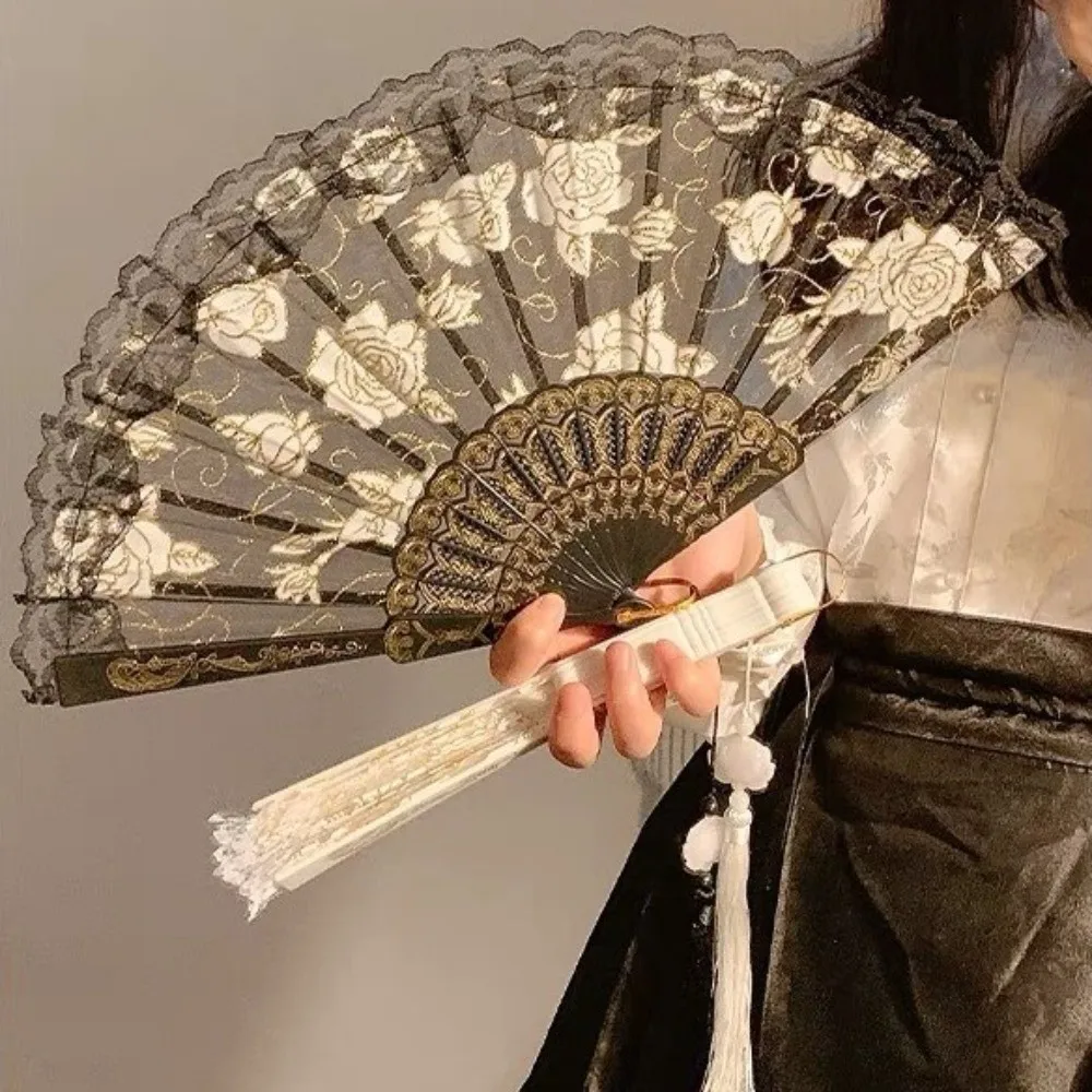 Creative Floral Pattern Lace Hand Fan Tassel Design Small Size Handheld Fan Chinese Style Foldable Decorative Fan Photo Props