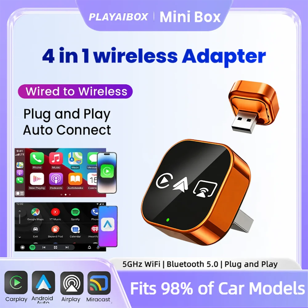 

Новый усовершенствованный адаптер Carplay 4-в-1: проводной в беспроводной, Android Auto, Mirror Link, Smart Mini AI Box, USB, Plug and Play, Bluetooth, Wi-Fi