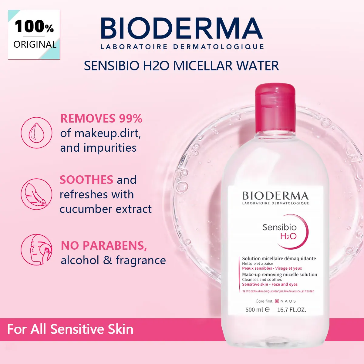 Bioderma SENSIBIO H2O FC 500ML, Limpieza Suave y No Irritante, Textura Ligera a Base de Agua, Sin Residuos y Calmante para la Piel