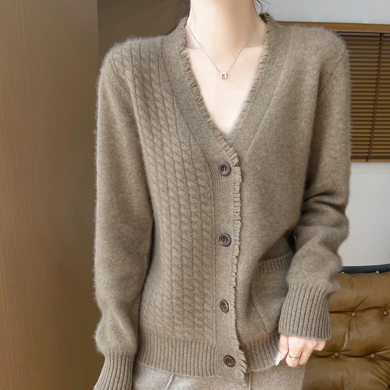 Korean V-Neck 100% Pure Wool Knitted Cardigan Jacket Women\'s 2024 Autumn Winter New Loose Thicken Warm Cashmere Sweater Coat Top