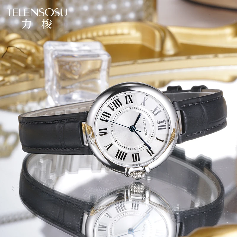 ساعة TELENSOU كوارتز للسيدات بحزام جلدي من الفولاذ المقاوم للصدأ طلاء مضاد للانعكاس منحني من الياقوت الاصطناعي GlassLady's Watch 8801