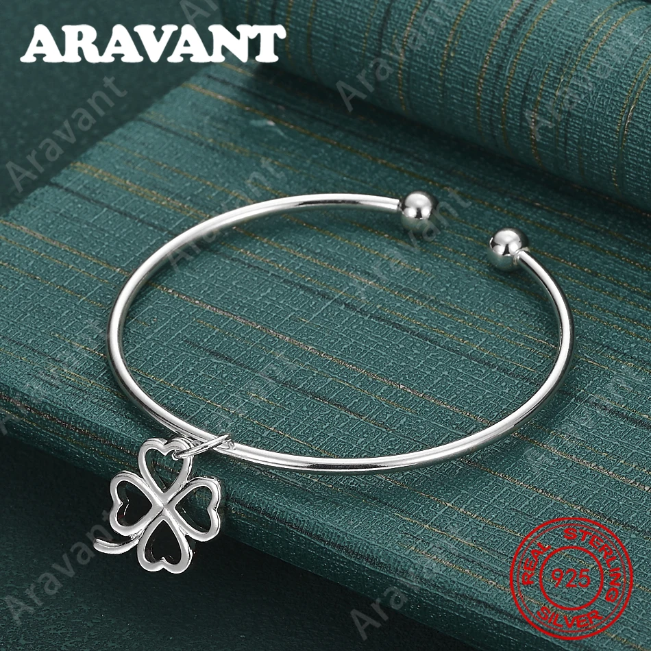 925 Sterling Silver Four-Leaf Clover Pendant, Open Bracelet, Commuter Accessory, Christmas Gift Jewelry