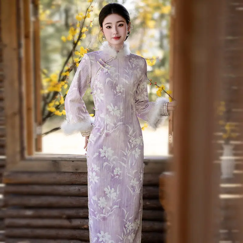 

Elegant Plush Applique Slim Qipao Classic Women Long Sleeve Cheongsam Chinese Traditional Dress Oriental Evening Party Dress