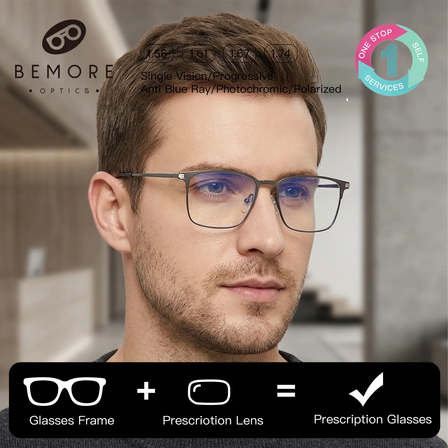 

BEMORE Custom Square Prescription Glasses High-Quality Metal Clip on Sunglasses Anti-Blue Ray Reading Optical Eyeglasses Man