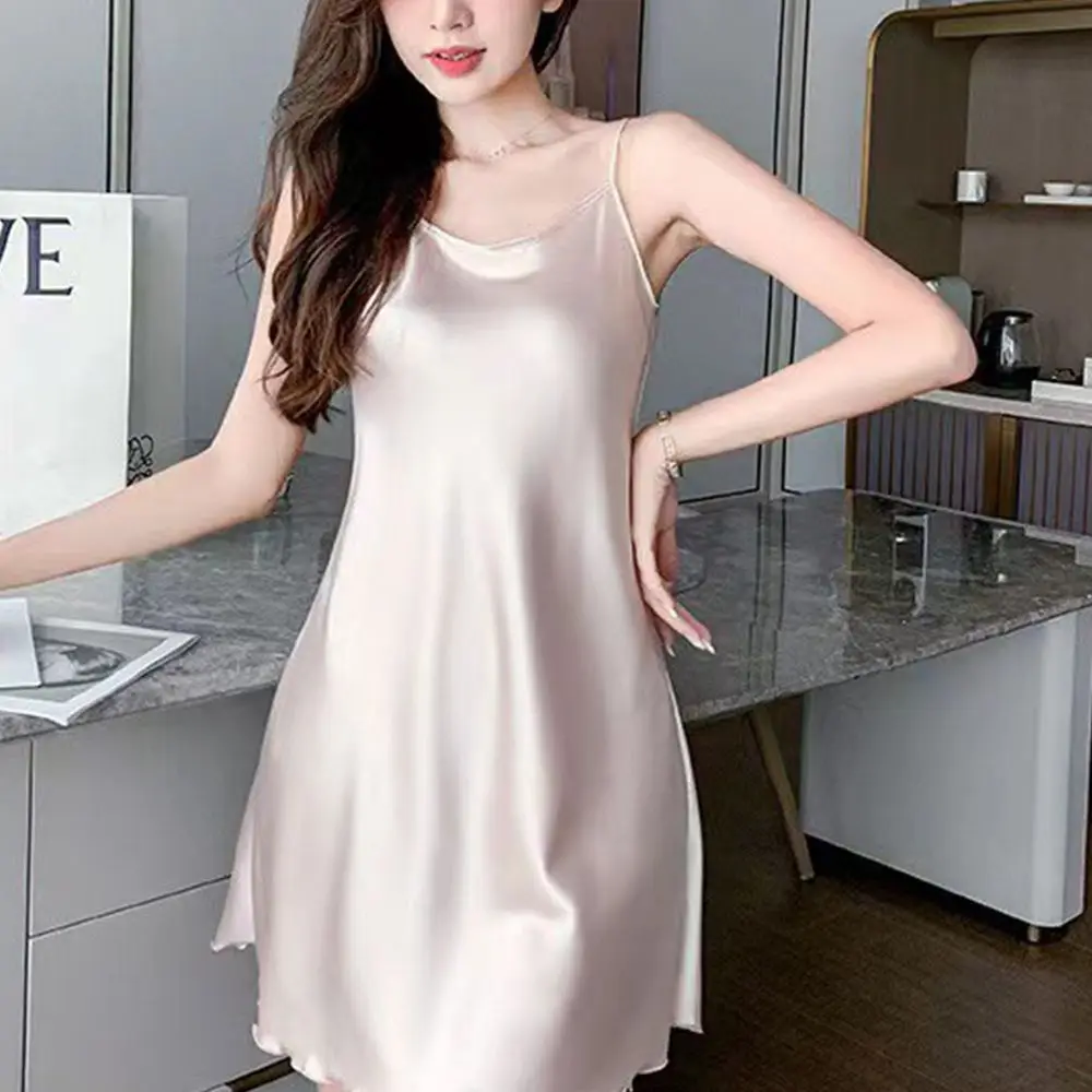 Summer Cozy Homewear Camisole Pyjamas Solid Color Sling Nightdress Ice Silk Women Sleepwear Suspender  Nightdress