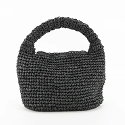 Handmade Crocheted Black and Tan Straw Mini Slouch Bag Casual Tote Hasp Closure Cotton Lining Bag for Summer