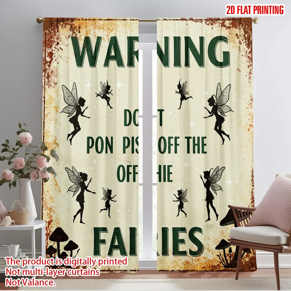 

2pcs 2D flat printing Curtains WARNING Don't Piss Off Fairies Polyester Without Electricity Holiday Decorations Use for Holiday