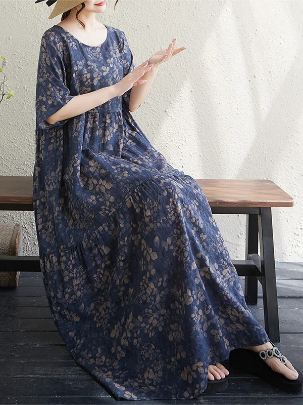 

Loose A-Line Skirt in Gradient Cotton And Linen with Cake Design And Short Sleeve round Neck for plus Size Women Summer Wear