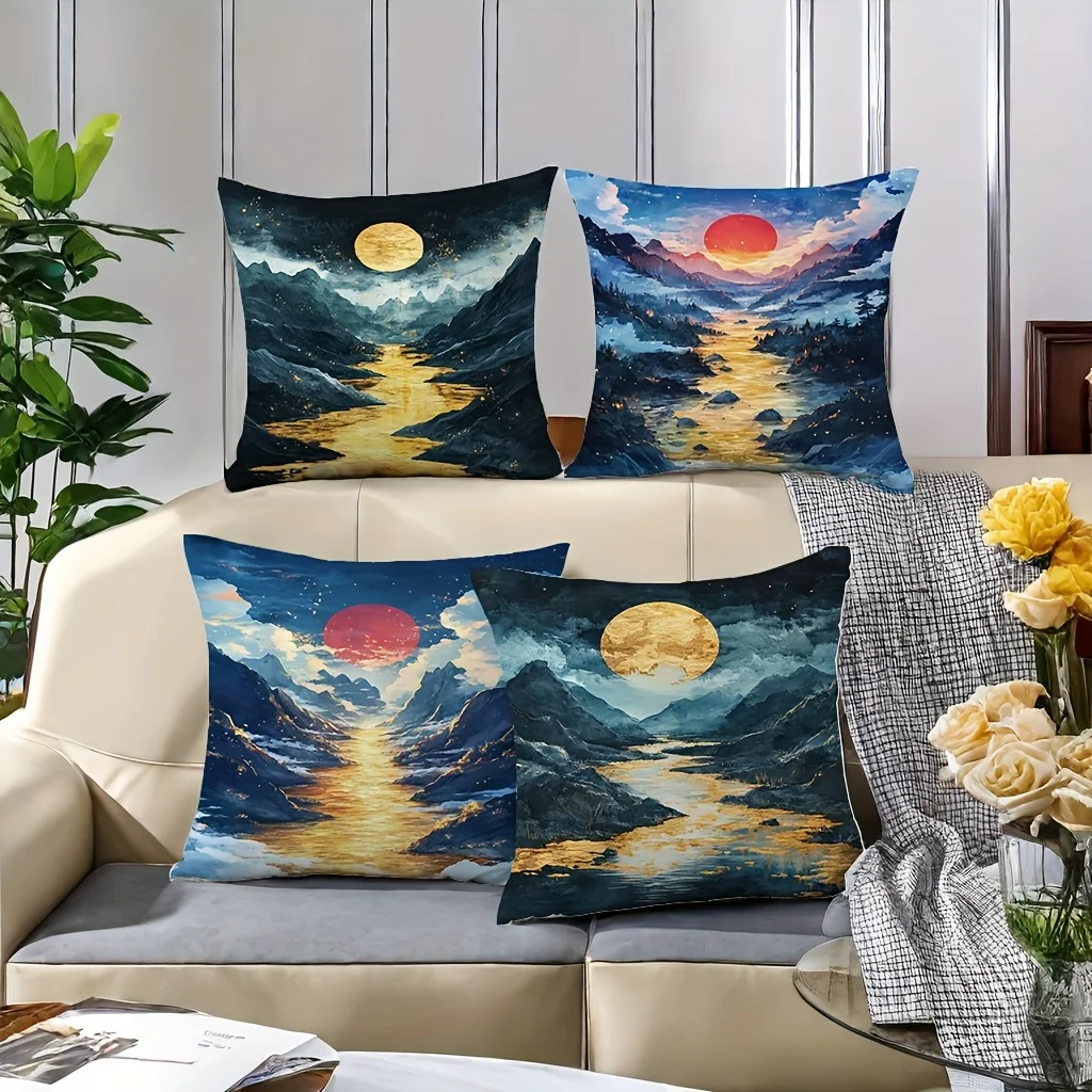 4pcs Sunrise and Sunset Design Single-sided printing Short plush Suitable living rooms bedrooms sofas (excluding pillow cores)