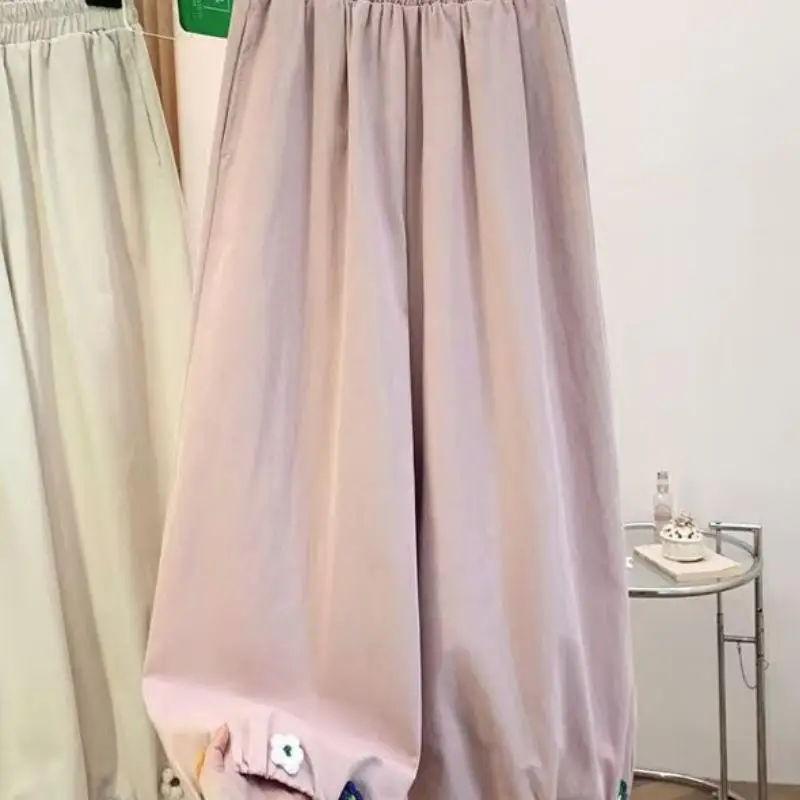 Sweet and Lovely Student Flower Pants New Women's Loose Straight Leg Pants Fashionable Girls' Casual Wide Leg Pants Versatile