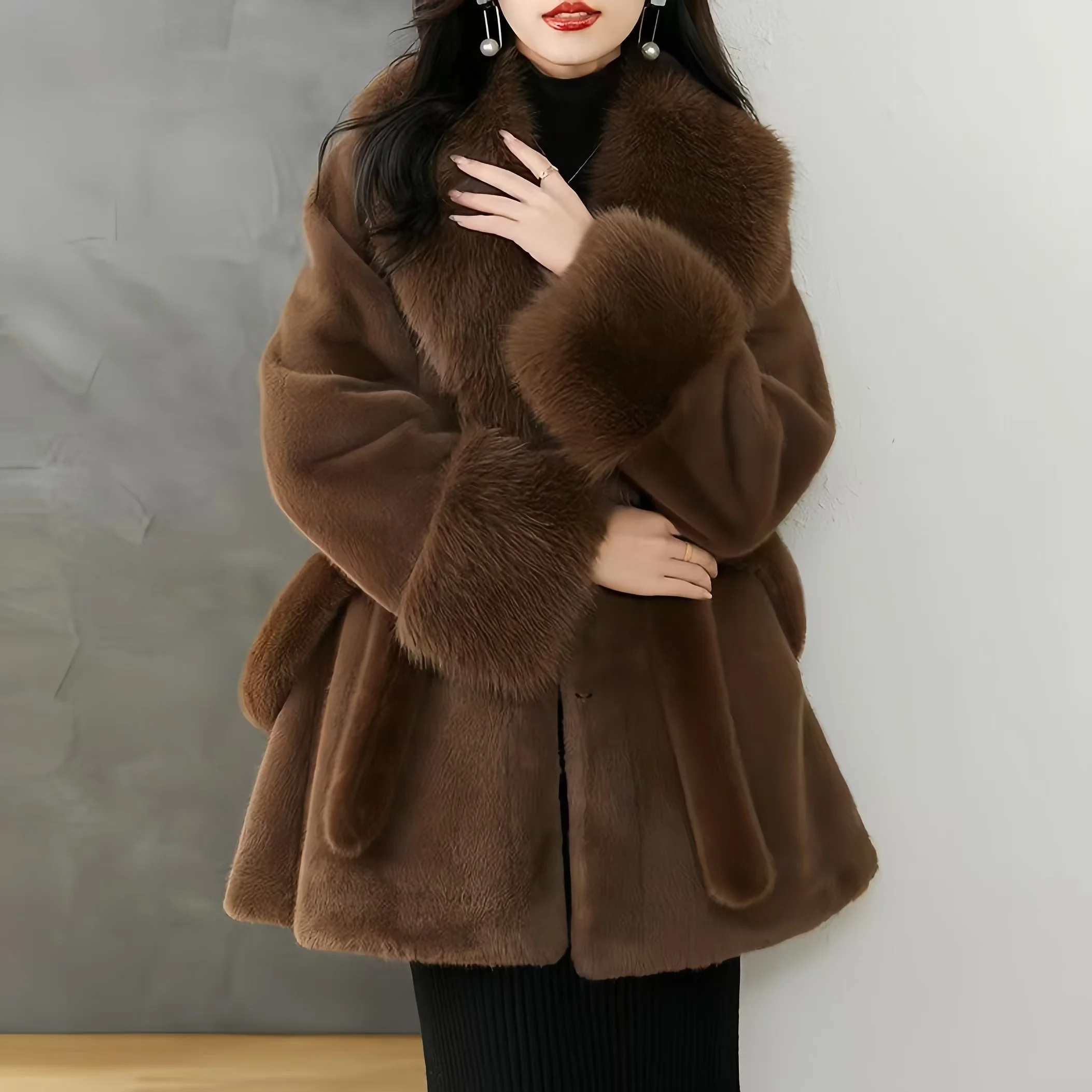 Faux Mink Fur Coats for Women,Turn-down Collar Long Jacket,Thicken Warm Female Clothes,Adjustable Waist,New, Winter