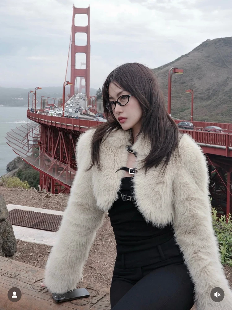 مثير adient الجلود الفراء طويل Sve الزخرفية المعادن الأزرق المفتوحة سترة ort معطف المرأة Faion مخطط سليم صالح سستة