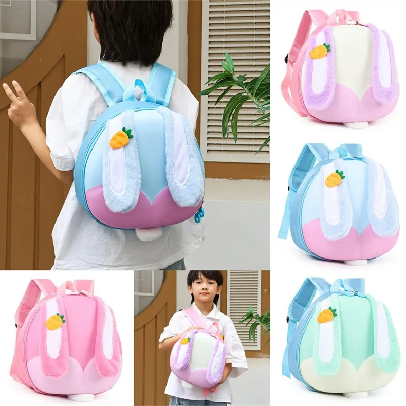 Hard-shell PVC cartoon waterproof schoolbag for kindergarten students, cute rabbit ears, children's travel backpack