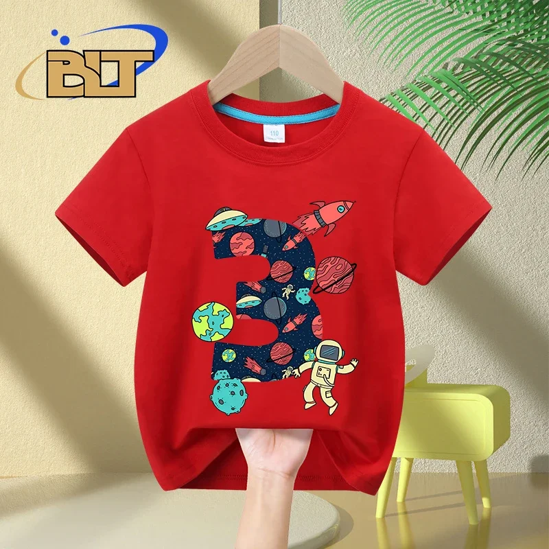 Camiseta infantil de algodão de manga curta, espacial e astronauta, 3 ° presente de aniversário, criança de 3 anos