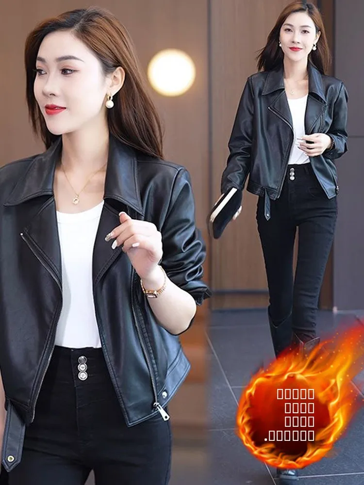 ファッショナブルなオートバイレザージャケット女性のスリースリーブアウターウェア秋服 2023 トレンディなジッパー開閉ロングスリーブルーズフィット