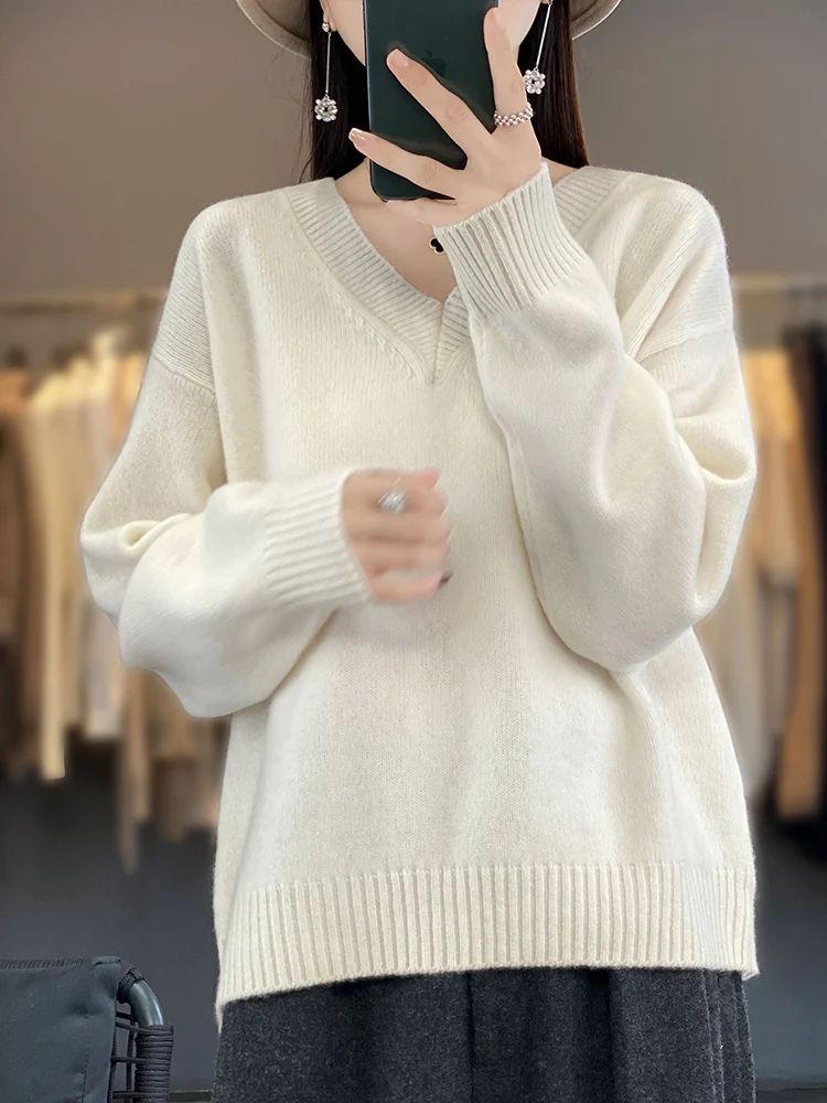 Suéter de lana merina de 100% para mujer, jersey de manga larga con cuello en V, prendas de punto holgadas de Cachemira, ropa popular coreana, moda Otoño Invierno