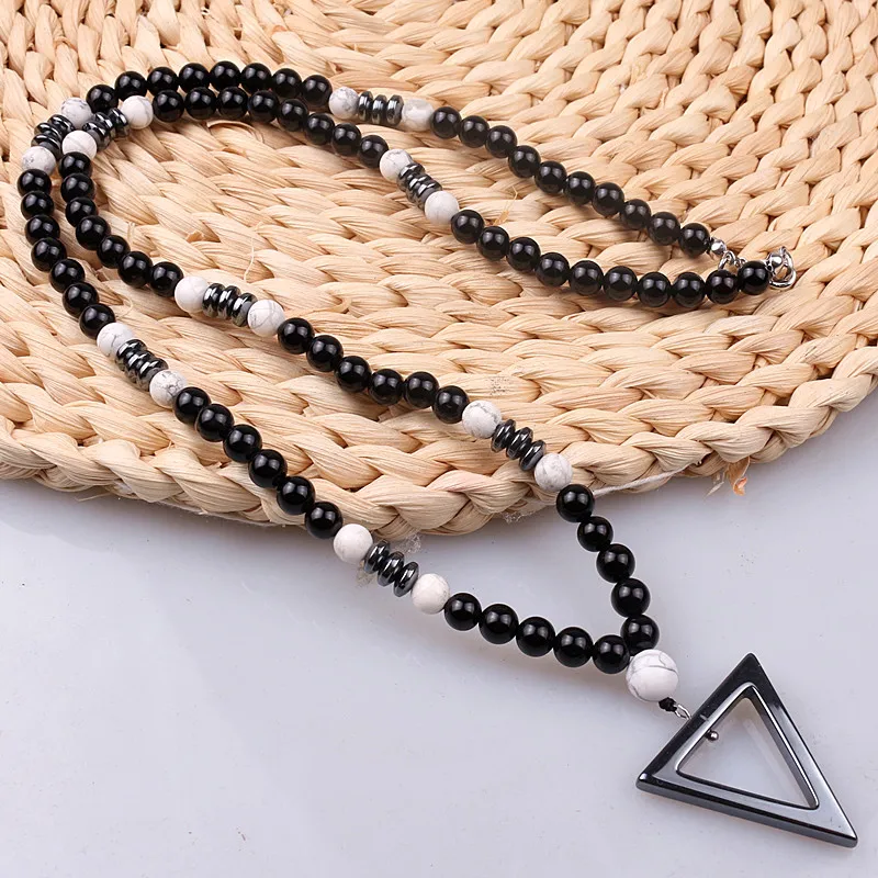 Natural Stone Bead Necklace for Men,Tiger Eye Bead Hematite Triangle Pendants Necklace - view 5